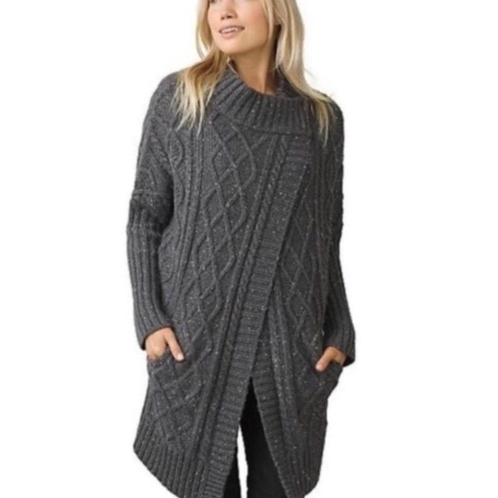 Prana Delaney Duster Cardigan Size M Chunky Cable Knit Cross Over Snap Closure